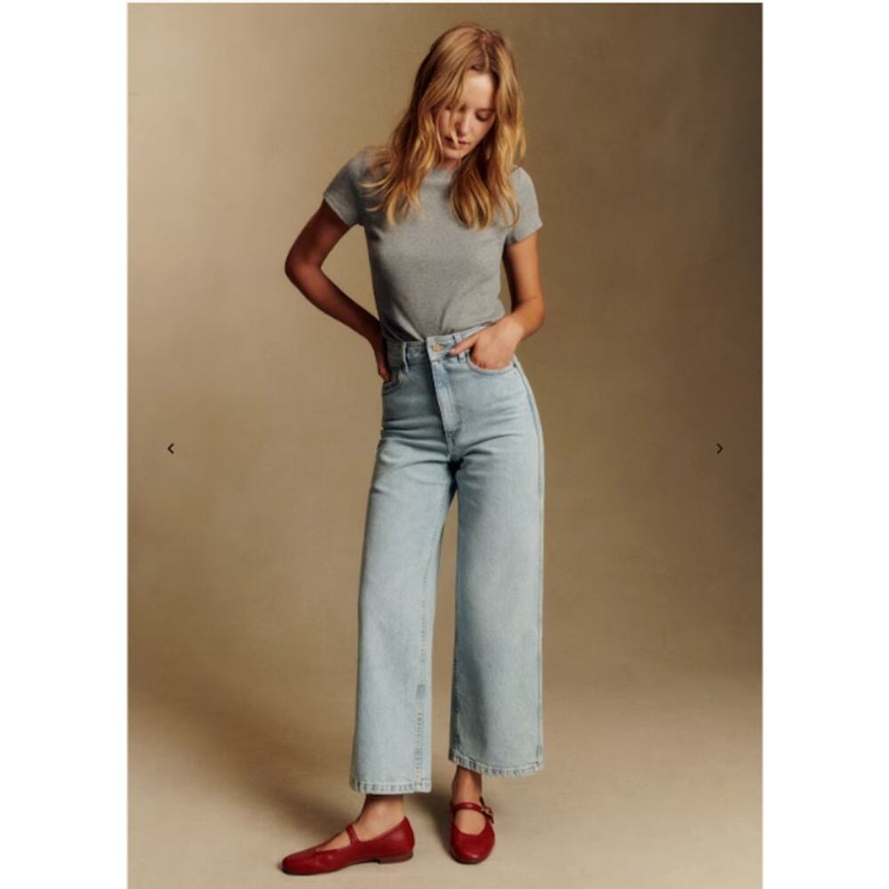 Sezane Le Crop Denim Wide Leg Crop Jeans High Waist Bleach Blue Size 48 US 16